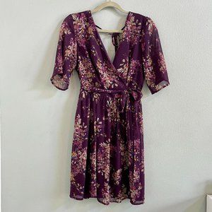 Purple Floral Dress with Waist Tie